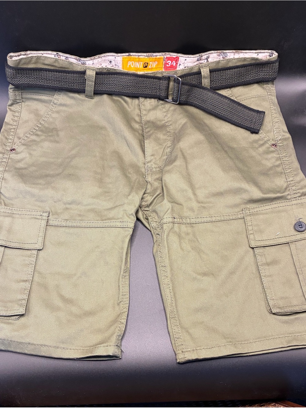 Point Zero Men's Cargo Shorts Size 34 Olive Green Belted Utility Hiking Gorpcore
